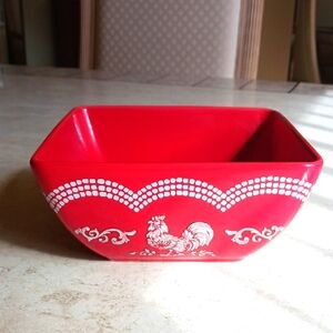 Kitchen/Temptations Large Square Soup Bowl,22.oz..red "doodle doo" pattern